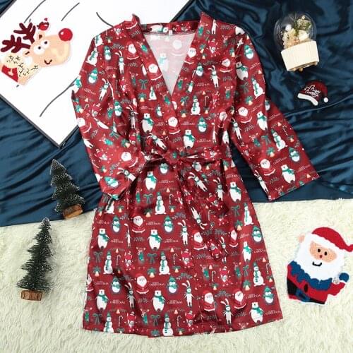 HECHAN Cute Pattern Merry Christmas Pajamas women Sexy Three Quarter Sleeve Wrap Robes Satin Sleepwear Female Nightwear Winter