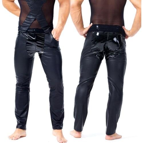 Sexy Male Splice Leather Pants Fad Tight Patent Leather Outfit Mens Wear Faux Leather Punk Pants Elastic Tight Trousers