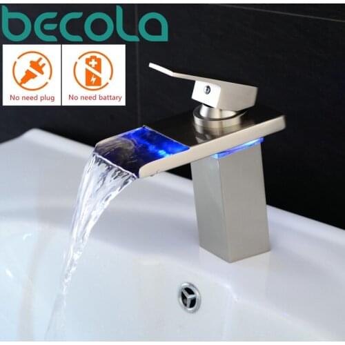 BECOLA Brushed Nickel Water Power LED Washbasin faucet Temperature Controlled 3 Colors Bathroom Faucet Waterfall Basin Tap LT501
