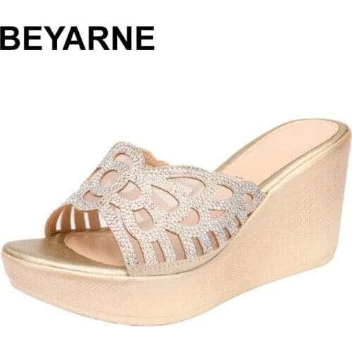 BEYARNE2021 Summer New Wedges Heel Sandals Women Platform Open Toe High Heel Large Size Gold Shoes Female
