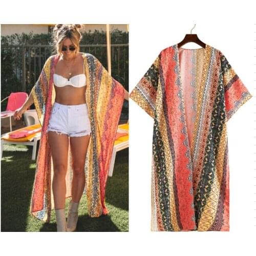 New Arrival Ladies Casual Printed Cardigan Beach Blouse Beach Top Irregular Printed Half-Sleeve Long Cardigan Blue/Yellow