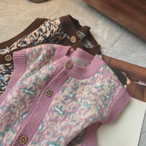 Vintage Sweater Vest Women 2021 Autumn Sleeveless Button Up Single Breasted Flowers Printed Vest Oversize Loose Garment Floral