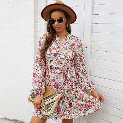 Chic Autumn Women Floral Chic Short Dress Casual O Neck Long Sleeve Ladies Slim Waist Swing Ruffles Holiday Print Dress 2021