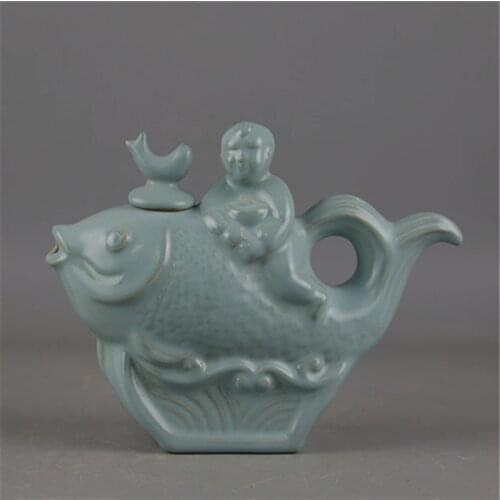 #06 Old SongDyansty Ru Kiln porcelain teapot ,fish,best collection&adornment,free shipping