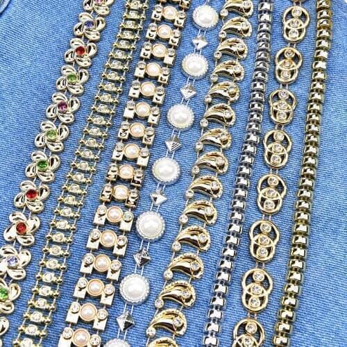 1 Yard/Lot Plastic Pearl Crystal Rhinestone Flower Skull Chain Gold Trim Banding DIY Accessories Sew On Clothing Bags Shoes
