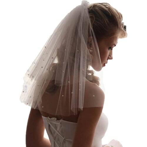 2T Pearls Wedding Veil Short Soft Tulle Bridal Veils Two Layer Cheap Ivory White Shoulder Length Bride Veils Wedding Accessories
