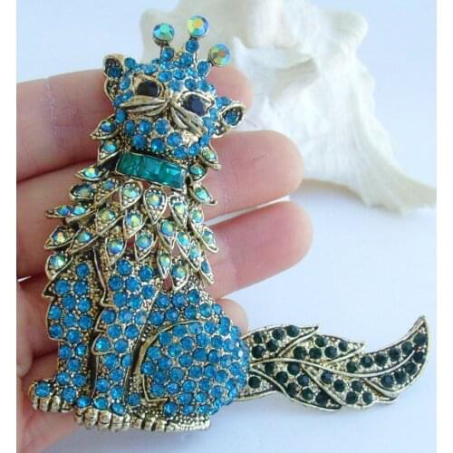 4.92" Lovely Cat Kitty Brooch Pin Pendant Blue Rhinestone crystal EE05953C4