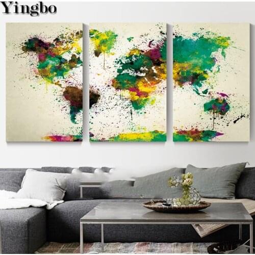 5d diy full square drill diamond embroidery Color World Map 3 panel diamond painting cross stitch triptych painting rhinestone