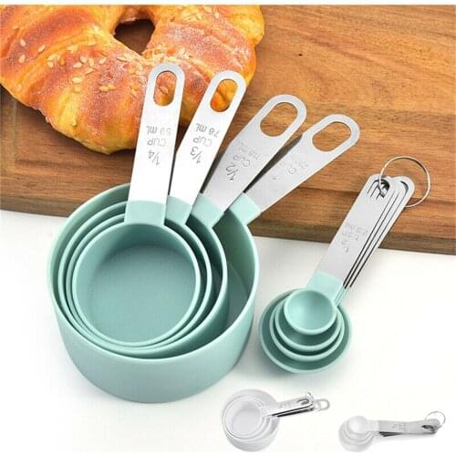 8pcs Stainless Steel Measuring Cups Spoons Tools PP Metal Handle Kitchen Baking Cooking Gadgets Set Green White