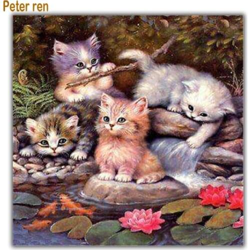 Diy Diamond painting animal cross stitch goldfish 5d Square\Round diamond mosaic Cat lotus Full Diamond embroidery Four kittens