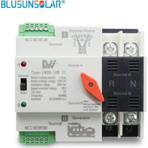 Din Rail 2P 100A 220V AC ATS Dual Power Automatic Transfer Switch Electrical Uninterrupted Power Blusunslar Mini rcd leakage