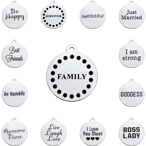 GLOWCAT 24 Styles Sweet Words Family Charms Titanium Steel Letter Charms Round Laser Cut Pendants DIY Dangle Jewelry Making 2pcs