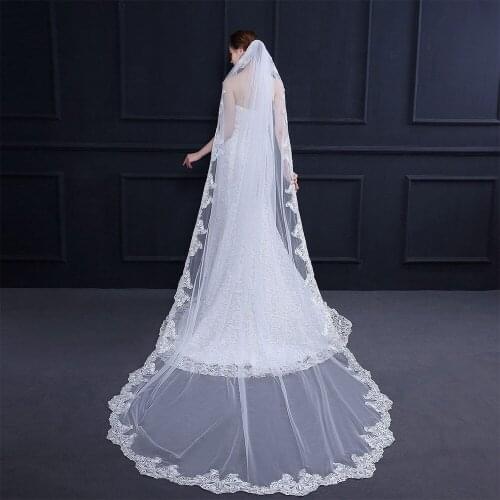 HS Kellio Hot Selling Long Bridal Veil Lace Trim Cathedral Wedding Veils
