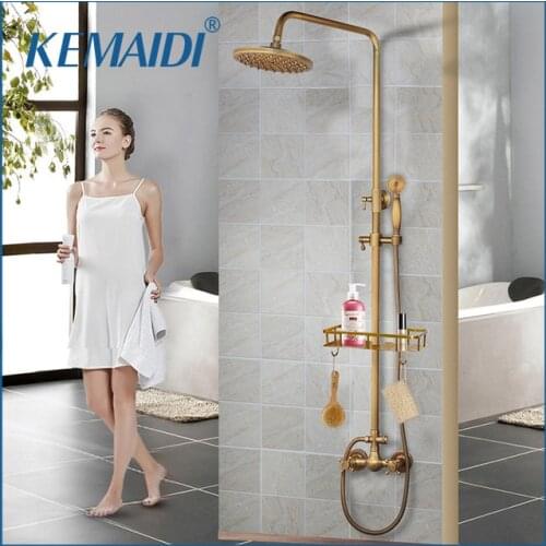 KEMAIDI Brass Antique Wall Mount Shower Set Faucet Single Handle with Handshower + Shelf Bathroom Shower Mixer Tap