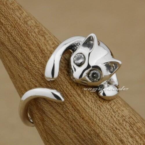 925 Sterling Silver Cat CZ Stone Eyes Fashion Ring 9K005 Free Size 5~8