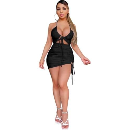 WJFZQM Hollow Out Ruched Drawstring Club Women Matching Sets Sleeveless Sexy Party Bodycon V Neck Top And Skirts 2 Piece Outfits