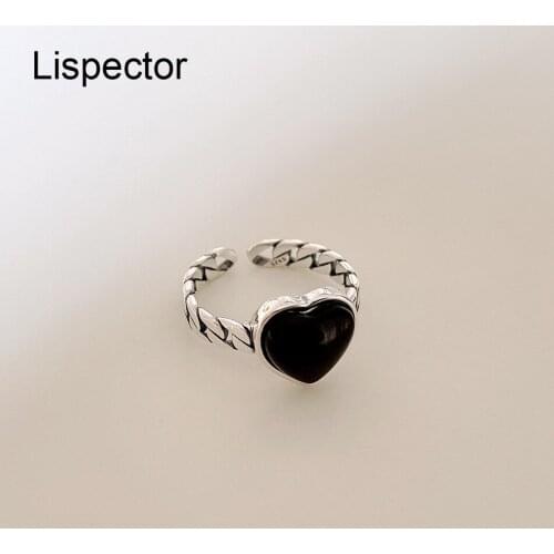 Lispector 925 Sterling Silver Vintage Black Agate Stone Love Heart Rings for Women Men Retro Cuban Chain Ring Couple Jewelry
