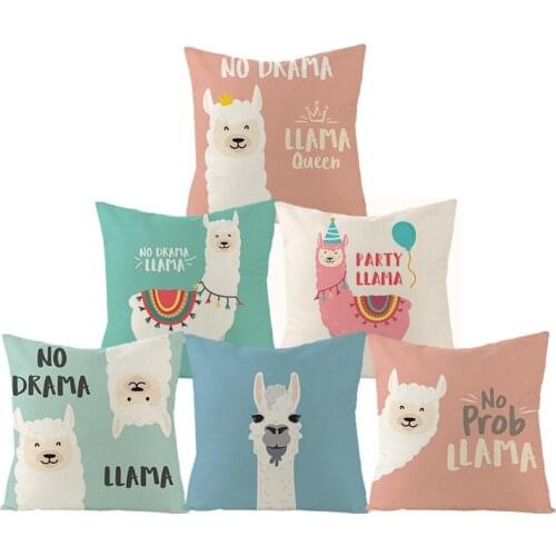 Lovely Alpaca Print Cushion Cover Hot Cotton Linen Cute Alpaca Animals Pink Blue Pillow Cover Sofa Chair Decorative Pillows Case