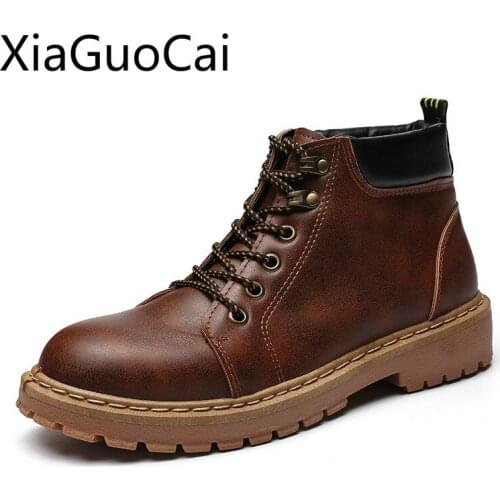 Retro Round Toe Mens Martin Boots High Top Autumn Male Tooling Boots Lace Up Pu Leather Mens Ankle Boots Army Shoes