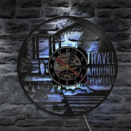 Travel Around The World Vinyl LP Record Wall Clock World Wide Tours Train Transportation Led Wall Light Travel Enthusiast Gifts