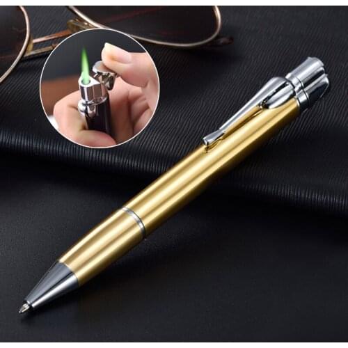 Novelty Ballpoint Pen Lighter Windproof Jet Green Torch Gas Lighter Metal Butane Gas 1300 C Cigarette Lighter Cigar Mans Gadget