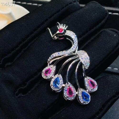 Natural Multicolor sapphire necklace pendant S925 silver natural gemstone pendant fashion Peacock girl women party gift jewelry