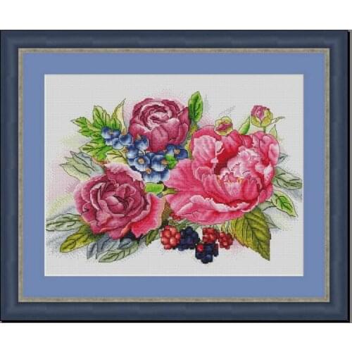 Peony and red berry 43-33 Cross Stitch Set DIY Kit Embroidery Needlework Craft Packages Cotton Fabric Floss