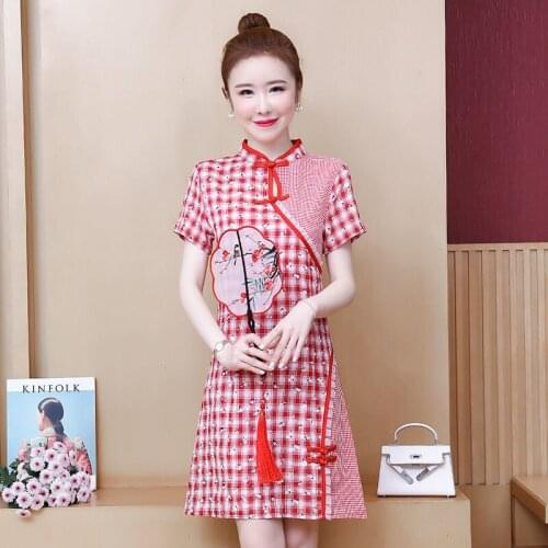 Plus Size Cheongsam Chinese Red Plaid Mini Short Dress Daily Robe Orientale Vintage Qipao Elegantes Women Summer Vestidos