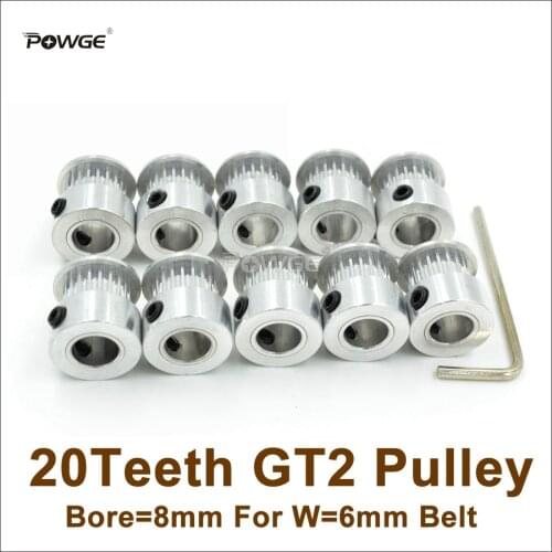 POWGE 10pcs 20 Teeth 2GT Timing Pulley Bore=8mm Fit Width=6mm 2GT Timing Belt 3D Printer Parts 20T 20Teeth GT2 Pulley