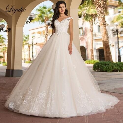 Liyuke V-Neckline Of A Line Wedding Dress Stunning Tulle Of Buttons Closure Wedding Gown