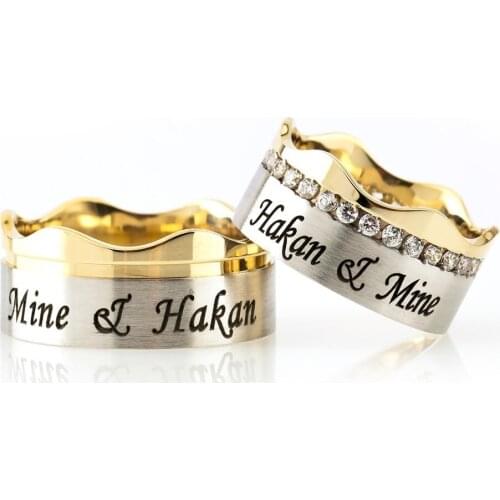 Tesbihane Personalized Name Written Wavy Design 925 Sterling Silver Couple Wedding Rings