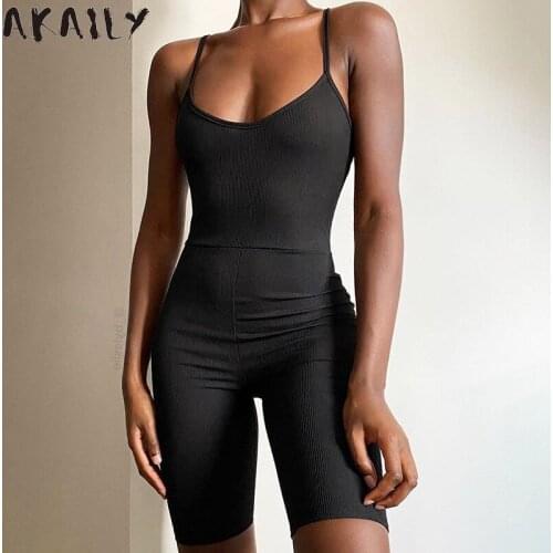 Akaily Streetwear Black Slim Sleeveless Jumpsuit Female Summer Boydcon Spaghetti Strap Backless Rompers Womens Jumpsuit 2021