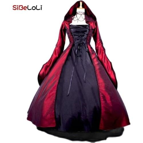Wine Red Medieval Gothic Victorian Dress with Hood Historical Period Steampunk Gothic Dress Ball Gown Theater Costume
