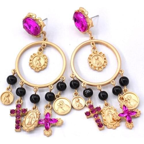 Vintage Baroque Earring Female 2018 Gold Long Earrings For Women Circular Coin Cross Drop Earring Jewelry Pendientes Oorbellen