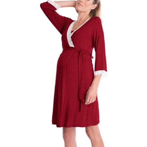 Explosion models solid color cotton V-neck seven-point sleeve pregnant women stitching lace pajamas dress sling + jacket