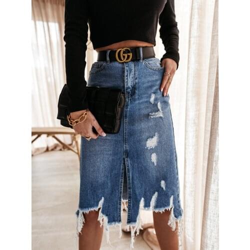 Skirt traf 2021 European and American summer new womens wear fashion retro irregular hole tassel denim skirt medium long skirt