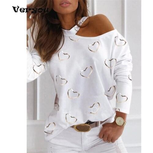 Womens Love Digital Printing Hanging Neck Off Shoulder Fashion Leisure Long Sleeve T-Shirt Womens Clothing Womens Sexy T
