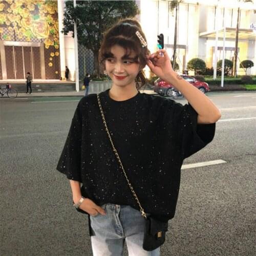 Women clothes 2019 summer new super plus size women loose casual sexy lazy trend shiny sequined streetwea sleeves T-shirt female