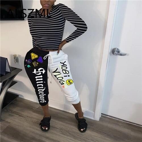 Young party women fashion o neck long sleeve crop top and tight letter print 2 piece set sexy tight high street tracksuits