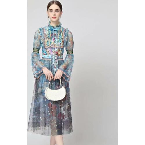 Fashion New Spring Autumn Women Sets Printed High Quality Shirt Tops Gorgeous Mesh Skirt Designer Elegant Party 2 Piece Suit