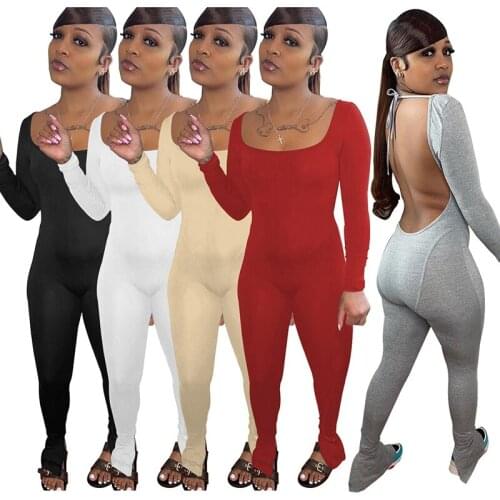 Sexy Solid Backless bandage Women One Piece Overalls Jumpsutis Square Neck Long Sleeve Autumn Elastic Skinny Rompers Yoga Outfit