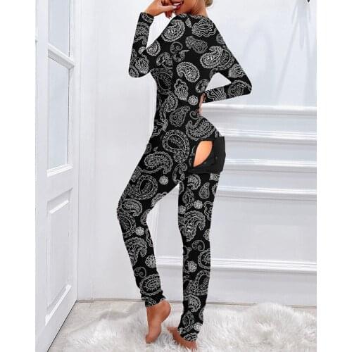 2021 New Spring Plunge Neck Paisley Print Black Long Sleeve Functional Buttoned Flap Adults Pajamas Womens Jumpsuit Home Clothes