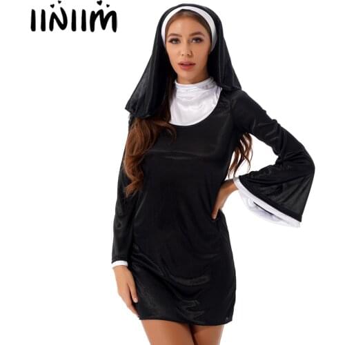 Women Sexy Lingerie Cosplay Nun Uniform Role Play Costumes Halloween Stage Outfit High Neck Flare Sleeve Dress with Headscarf