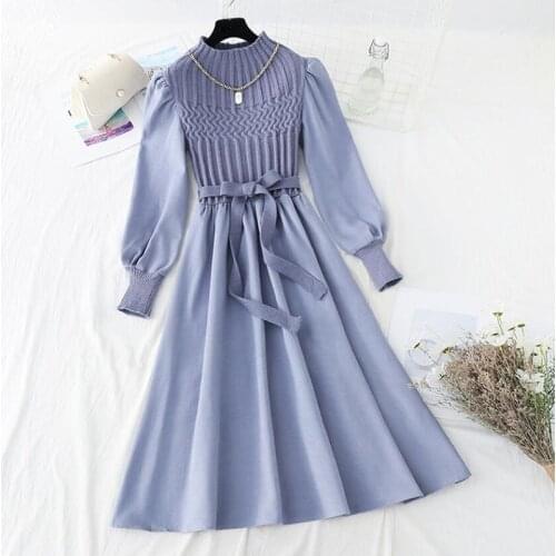 2021 Elegant Solid Women Dress Fashion Korean Half high collar Puff Sleeve Splice Knit Dresses Autumn Vintage Corduroy Dress