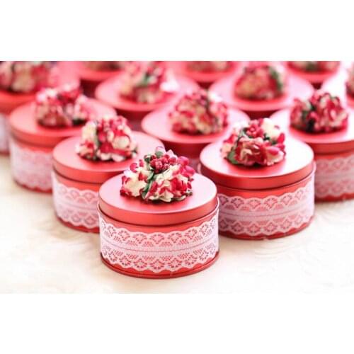 10pcs/lot Creative Round Shape Tinplate Wedding Candy Box With Beautiful Flower Small Party Favor Gift Box Pink/Purple/Red/Blue