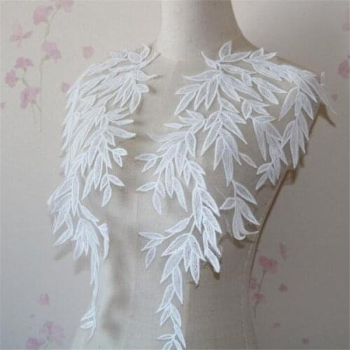 3Mirror Pairs/6Pcs Ivory Cotton Wedding Dress Floral Embroidery Sewing Patches Lace Applique Flower Trims 21X44cm DIY Craft