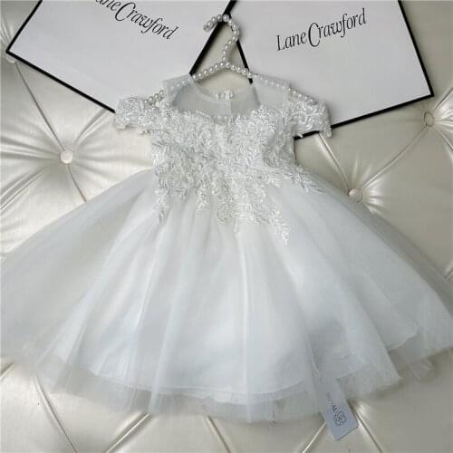 High Quality 2021 New Girls White Birthday Party Off Shoulder Dress Toddler Kids Princess Tutu Mesh Dresses Free Shipping