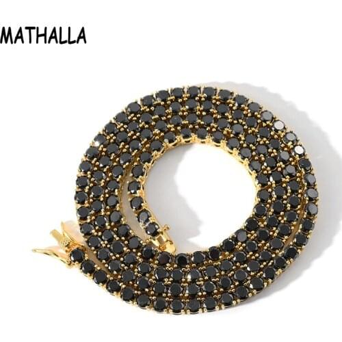 MATHALLA Hiphop Jewelry 4MM One Row Black Cubic Zircon Stone Tennis Chain Necklace Men Women Gold Brass Iced Out Chain Necklace