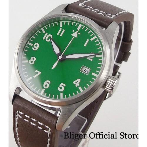 BLIGER Sterile Nologo Blue/Green 39mm Mechanical Men Watch 24 Jewels NH35A Movement Leather Band Luminous Dial Hand Leather Band