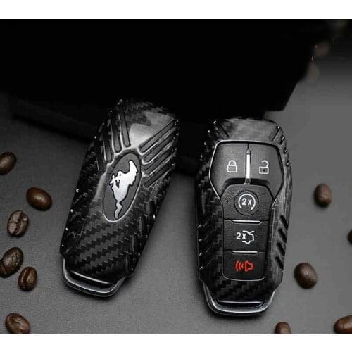 QHCP Carbon Fiber Key Cover Shell Smart Remote Case Bag 5 Buttons Fits For Ford Mustang 2015 2016 2017 2018 2019 Car Accessories